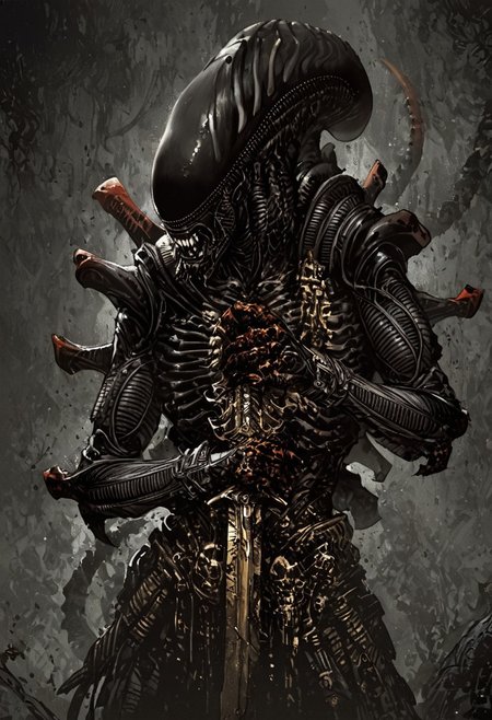 score_9, score_8_up, score_7_up, score_6_up, score_5_up, score_4_up,<lora:Fant5yP0ny:0.8>, xenomorphic creature from Lords of the Fallen, black templar armor, gold sword of Pieta, solo, gold eyes, blood on face