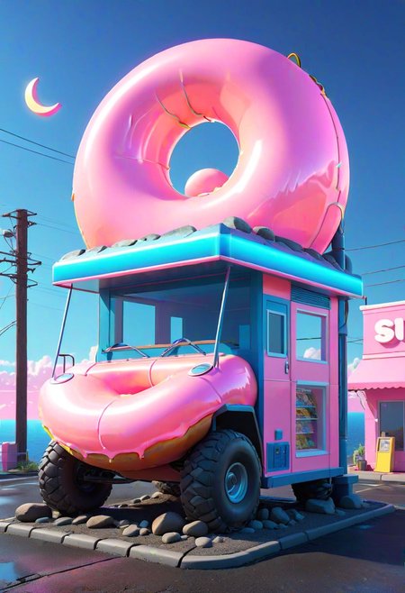 neon isometric, ground vehicle, crescent moon, blue sky, doughnut, utility pole, crystal, storefront, silhouette, scenery, window, rock, indoors, underwater,  electricity, poster (object),  pink sky, game boy, extremely detailed, masterpiece, official art, best quality, octane render, absurdres, side lighting, neon lighting, isometric view, diorama, cinematic lighting, cinematic angle