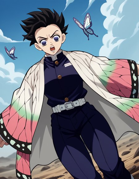 score_9, score_8_up, score_7_up, source_anime, <lora:super-saiyan-ponyxl-lora-nochekaiser:1>, super saiyan, spiky hair, aura, open mouth, closed hands, shouting, breast, 
<lora:shinobu-kochou-anime-ponyxl-lora-nochekaiser:1>
belt, black pants, butterfly print, coat, demon slayer uniform, haori, japanese clothes, pants, uniform,
wasteland, sky, blue sky, clouds,, cowboy shot, dutch angle, looking at viewer,