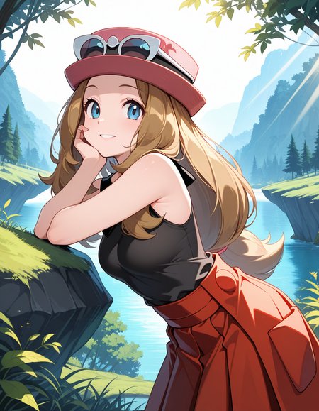 masterpiece, best quality, amazing quality,, <lora:pokemon-serena-illustriousxl-lora-nochekaiser:1>, serena, serena (pokemon), long hair, blue eyes, brown hair, mature female, medium breasts,, eyewear on head, hat, skirt, sunglasses, shirt, black shirt, sleeveless, red skirt, pink hat,, head rest, smile,, Outdoors, nature, scenery, open_space, sunlight, cowboy shot, solo, looking at viewer,