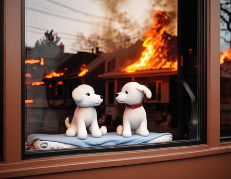 A photorealistic image capturing a cartoon-like dog plushie sitting on a windowsill, facing a glass window. The plushie should be well-detailed, cute, and colorful. The window should be clean and clear, but with the reflection of a raging wildfire visible on its surface. The wildfire should be vivid, with flames and smoke, creating a stark contrast to the innocence of the plushie. The perspective should be from outside the window, looking in, so both the plushie and the wildfire reflection are visible. The lighting should be such that it highlights the details of the plushie while also making the wildfire reflection clearly visible. The overall mood should be a mix of whimsy and seriousness, capturing the juxtaposition of the plushie and the wildfire,<lora:windowsback2:0.75>