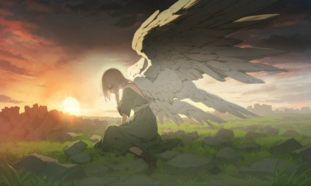 masterpiece, best quality,
1girl,   
solo, Angel, cry, pain, Tears, Post-war ruins, green grassland, rising sun, Dark Cloud, Palestine, sunset, sun glare, no humans, sunlight, looking afar
 <lora:potgXLlokr4f-000143:0.6> <lora:åºæ°´XLlokr8f-000186:0.6>