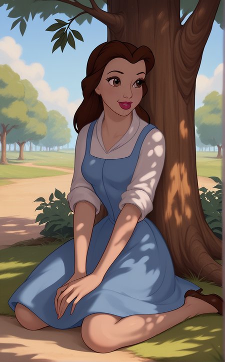 score_9, score_8_up, score_7_up, absurdres, dappled sunlight, tree shade, tree, day, nature, shadow, sitting, against tree, on ground, shade, sunlight, under tree, forest, outdoors, scenery,   <lora:PONYXL_PRINCESS_Belle_ownwaifu:1>, BREAK BlueDress_LongHair_Belle_ownwaifu, 1girl, brown hair, eyelashes, lipstick, long hair, breasts, brown eyes, lips, white shirt, blue dress, makeup, blue vest, red lips, sleeves rolled up, long sleeves, medium breasts, puffy sleeves, <lora:add-detail-xl:0.15>,