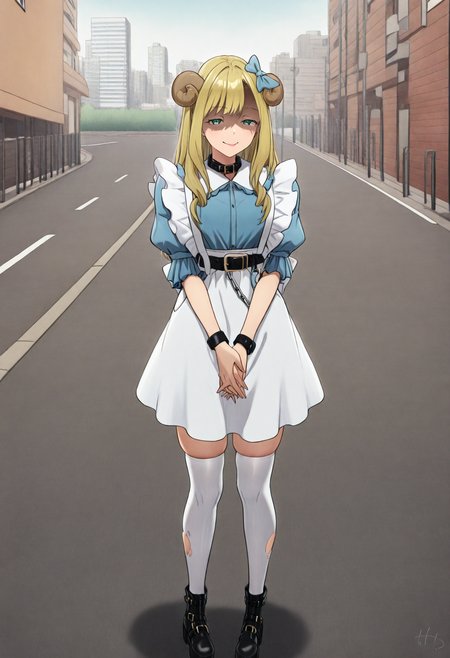 best quality, amazing quality, very aesthetic, full body, <lora:Tetto:1>, solo, 1girl, <lora:Kaoruko (Akiba Maid Sensou):1>, akibameidokaoruko, blond hair, long hair, green eyes, aqua eyes, hair bow, blue bow, sheep hair ornament, black collar, belt collar, alternate costume, jirai kei, blue shirt, puffy short sleeves, juliet sleeves, frilled shirt, frills, white neck ribbon, white skirt, high-waist skirt, suspender skirt, suspenders, chain. white thighhighs, skindentation, torn thighhighs, torn legwear, black boots, ankle boots, spiked boots, belt boots, platform boots, standing, v arms, own hands together, seductive smile, half-closed eyes, closed mouth, shaded face, yandere, looking at viewer, city, sidewalk, buildings, road, outdoors, <lora:ChamIllustriousBackgroundEnhancer:1>, <lora:Simulacrum-v12-LUXL-LOHA-lr0005-v3:1>