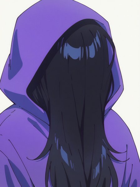score_9, score_8_up, score_7_up,  
1girl, zenshu, black hair, long hair, hair over face, upper body, looking at viewer, white background, purple hoodie, hood up, hood, 