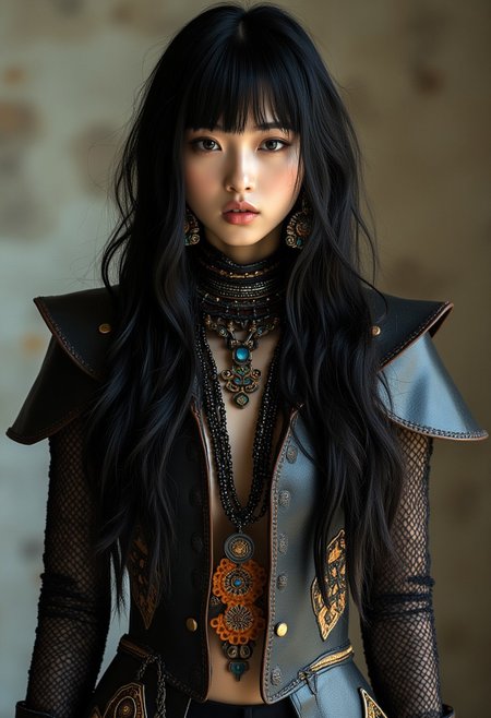 midjourney_whisper_avant_couture, Japanese woman, long hair, bangs, avant-garde leather armor, tribal necklaces and earrings, cowboy shot, photography