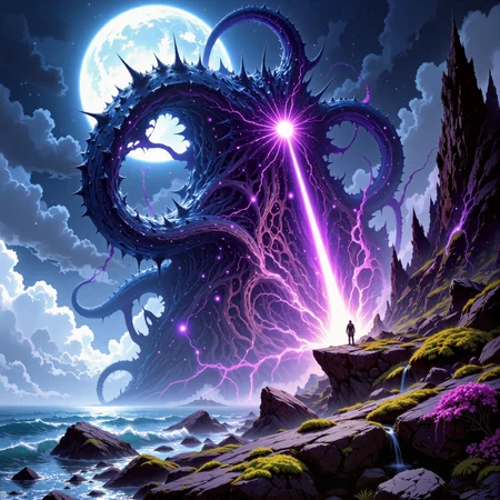 impressive and grotesque scenery on a distant world, famous artwork inspired by jordan grimmer, dramatic scene, fractal art, 1990s fantasy style, dynamic angle, this image shows the enormous transcendent hydra-like beast known as the "powerful jadesnap" as it wriggleflomps from the izzled depths of a churning, otherworldly glowing sea under a dramatic tempestuous sky, it is surrounded by the typical jagged fractal rock formations on the crinkled shore of the water-rich planet "zoffeldirly quartus," superstitious life forms call it "the bringer of lost keys", creature focus, very aesthetic, extremely detailed, ultra high resolution, 8k, 4k, harmonising colors, light beige and chartreuse and bordeaux red and indigo blue and byzantium purple and ebony black, ovg, in the style of ck-ovf, amanoer, arsmjstyle, dnddarkestfantasy, aidmafluxpro1.1, <lora:style-oneviolentfantasy-ep21-flux-by_chronoknight:0.64> <lora:style-yoshitaka_amano-elden_ring-flux-by_alicient:0.4> <lora:style-dnd_dark_fantasy-flux-by_arsmachina:0.52> <lora:flux_pro1.1_detailer-v0.3-flux-by_aidma:0.56>