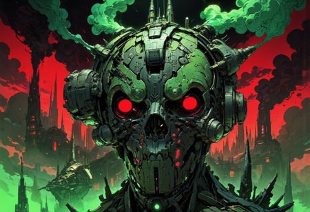 This is a digital illustration with a dark, futuristic theme, executed in a detailed, comic book style. The central figure is a robotic skull, intricately designed with an array of mechanical parts and glowing red eyes. The skull is adorned with various cylindrical and spherical components, including what appears to be a rocket launcher on top, spewing smoke or exhaust. Green smoke plumes from the skull's head and neck, adding a dynamic, almost menacing feel to the image.
The background features a dark, industrial cityscape with towering skyscrapers and smokestacks, all rendered in dark shades of green and black. The sky is a deep, ominous red, enhancing the sense of danger and chaos. The cityscape is partially obscured by thick, dark clouds and smoke, contributing to the overall gritty and dystopian atmosphere.
The illustration combines elements of cyberpunk and steampunk aesthetics, with a focus on mechanical details and a dark, industrial color palette. The textures are smooth and detailed, with sharp lines and shadows that emphasize the depth and complexity of the image. The artist's signature is visible in the lower right corner.
 artwork drawing