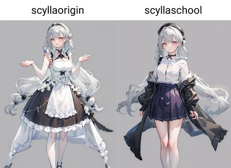 masterpiece,1girl,solo, standing,full body, white background,    <lora:ScyllaV2-000008:1>,scyllaorigin,skirt