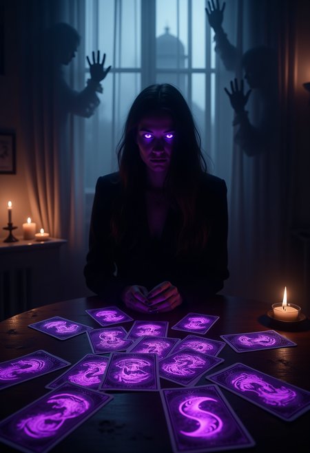 A shadowy figure sits at a table bathed in flickering candlelight, their form barely visible apart from their glowing violet eyes. Tarot cards with intricate black and silver designs lie spread before them, each emanating a faint purple haze. Shadows move unnaturally around the room, occasionally forming faces or hands that seem to grasp for the cards
 <lora:Dever_Flux_Enhancer:0.5>