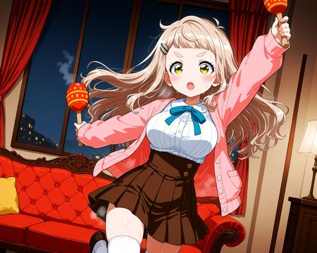 masterpiece, best quality, very aesthetic, 
indoors, night, darkness, luxury, gaudy, couch, lace curtains, dutch angle, 
(a young girl standing and holding maracas with both hands:1.4), standing on one leg, dancing, hair lift, 
(steam, steaming body, sweat:1.6), 
<lora:hrn_yc_illustriousXL:1> retro artstyle,
<lora:Suna-PonyXL-1024px:0.8>, <lora:ExpressiveH_V2-000009:0.3> ExpressiveH, thick eyelashes, shiny skin, shiny hair, arm up, 
1girl, solo, serious, v-shaped eyebrows, blush, pink lips, large breasts, narrow waists, open mouth, looking at viewer, 
<lora:niji-chima:1> nijichima, large breasts, yellow eyes, drooping eyes, short eyebrows, light-brown hair, round face, disproportionate breasts, short stature, aged down, long hair, short bangs, hairclip, (nijichimacos, white shirt, blue ribbon, pink cardigan, long sleeves, sleeves past wrists, brown skirt, pleated skirt, high-waist skirt, miniskirt, white thighhighs:1),