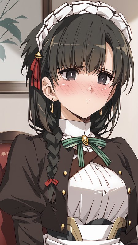 1girl, absurdres,
score_9, score_8_up, score_7_up, score_6_up, source_anime, zPDXL3,
(mature female),  
BREAK.
indoors, expressionless, ((blush:1.6)), covered nipples, 
BREAK,
BREAK,
 yuki, long_hair, black_hair, single_braid, black_eyes, hair_ornament, ribbon, 
maid, maid_headdress, apron, long_sleeves, puffy_sleeves, juliet_sleeves, white_gloves, jewelry, earrings<lora:Urushihara Satoshi_XL_PONY_V2:0.9>,<lora:kimi_wa_meido-sama_-_yuki:0.8>