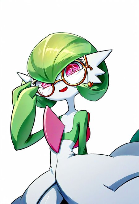 score_9_up, score_8_up, score_7_up, Score_6_up, Score_5_up, Score_4_up, source_anime, (masterpiece, perfectly detailed, detailed face, detailed eyes, beautiful eyes),  8K, extremely detailed, perfect face, PokeMaster_PS, gardevoir_pokemon, monocle, round eyewear, bob cut, colored skin, flat chest, forced smile, green hair, multicolored skin, open mouth, pink eyes, pokemon (creature), simple background, squeezing, sweatdrop, two-tone skin, white background, white skin