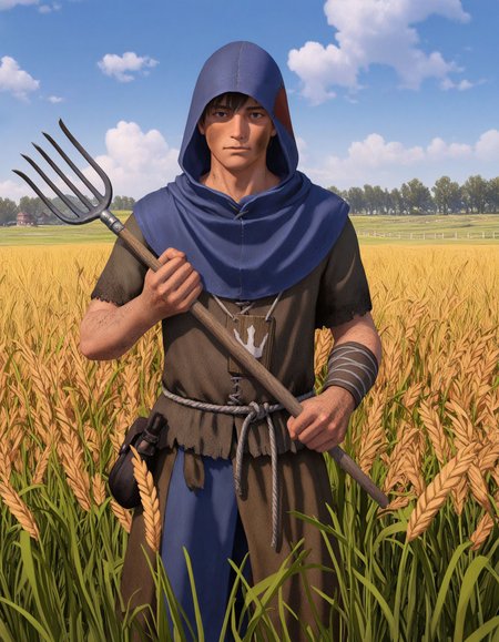 masterpiece, good quality, best quality,  2d, anime, 
bretonnianpeasant, 1boy, hood, holding pitchfork,
looking at viewer, wheat field, dirty face, 
 <lora:BretonnianPeasant_Vpred:0.7>