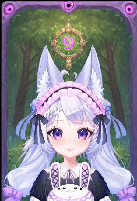 score_9,score_8_up,score_7_up, source_anime,
hyper-detailed, masterpiece, best quality,
(simfonira, source_reference),source_screen_good, model_type_fox,ears_fox, outfit_maid,maid, hair_tails,twintails, long hair, hair bow,  eyes_purple,purple eyes,
upper body,
looking at viewer,
portrait,
Card, Tarot, graphic border, Illustrative,
pink atmosphere, obsidian stone, skeuomorphic, detailed,
Smiling eyes,
forest background,
Lustful personality, 
Jewelry, Extravagant, Shoulderless,
glowneon, glowing, lightning