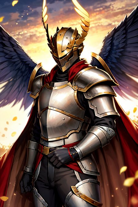 1boy, cowboy shot of paladin knight in heavy black armor, helmet, aura, angelic wings, windblown red cape, athletic, medieval town outdoors, volumetric lighting, best quality, masterpiece, <lora:sxz-voyage-v1:0.8>