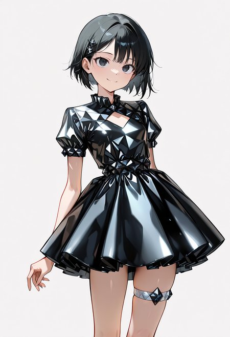 best quality, amazing quality, simple background,((outlined outlined vector graphics)),   simple background,  front view ,  looking up ,
1girl, 20yo, black hair, black eyes, short bob hair, hair pin,small breast, slender,(white thigh strap:1.1), cute face,
black diamond clothes,, black dress, smile  , short sleeve dress,<lora:black-diamond-il-20:1>