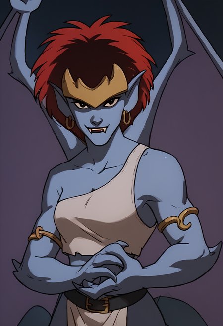<lora:DemonaPony1.0:0.85>demona, solo, 1girl, red hair, hoop earrings,armlet,black eyes,  pointy ears, wings, tank top, short hair, tail, score_9, score_8_up, score_7_up, score_6_up, score_5_up, score_4_up, looking at viewer,fangs, smile,