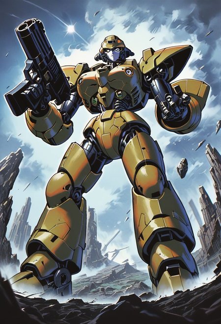 score_9, score_8_up, score_7_up,score_6_up, score_5_up, score_4_up,source_anime,retro artstyle,halftone effect,epic,intricate linework,biomechanical,mecha,pov,from below,fov,dynamic pose,carbon fiber,no humans,gundam,full body,gun,holding gun