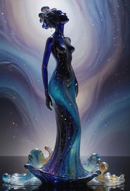made out of,colorful,liquid,Murano Art glass,particle,glass sky,
(stardust:1.25) and neble, back ground,reflection,puple light,mist,
 The crystal blue woman's own form seems to emit a soft, inner radiance – a subtle luminescence within the blue and black glass, suggesting a resilient spirit amidst the darkness,