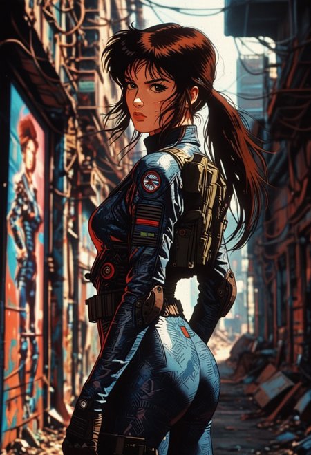 score_9, (best quality, high quality, sharp lines, sharpness),
BREAK,
 1girl, Lara Croft, long hair, brown hair, brown eyes, ponytail, sidelocks, bangs, cyberpunk warrior standing in a futuristic urban alleyway, ruanyi1047,bodysuit,glitch,abstract, big ass, beads of sweat on ass, dressed in black high-tech armor with tactical belts and glowing accents. The scene is illuminated by neon signs in pink and blue, reflecting off her outfit. The atmosphere is gritty and futuristic, with a sense of tension and mystery in the air, retro artstyle