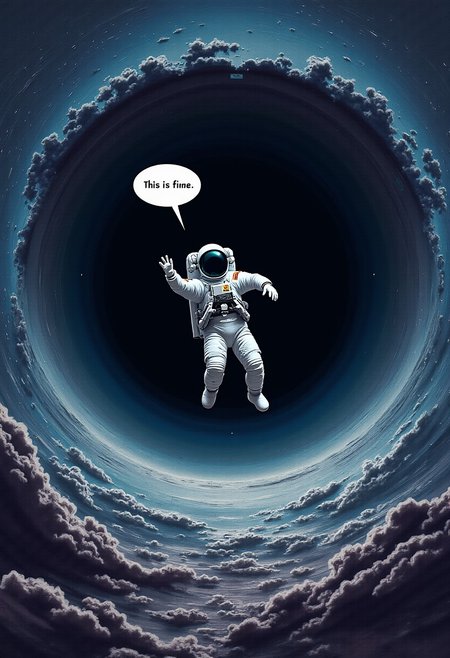 Astronaut falling into the black hole, comic bubble with the text "this is fine", cosmic horror, emptiness, void, (best quality, masterpiece), painting, 8k, hdr, detailed, intricate details