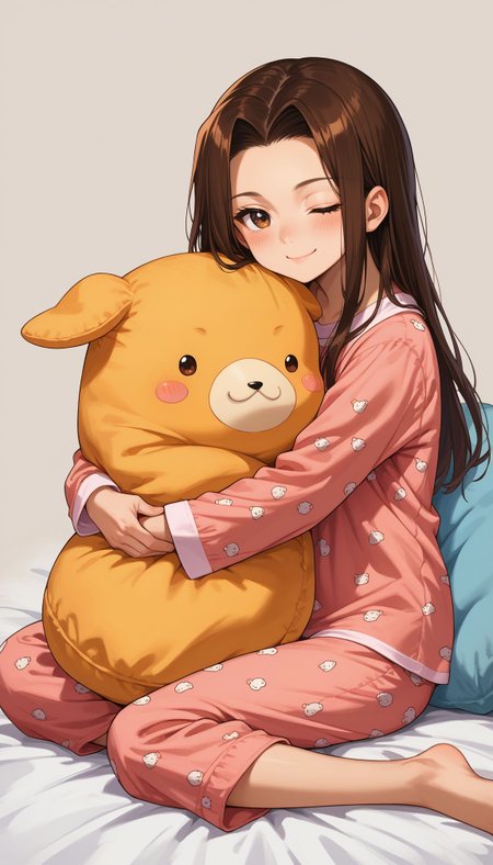score_9, score_8_up, score_7_up, source_anime,
 <lora:Tes:1>,  1girl, one eye closed, barefoot, pillow hug, brown hair, brown eyes, long hair, hugging object, pajamas, smile, sitting, wariza, blush, simple background, dakimakura (object), looking at viewer