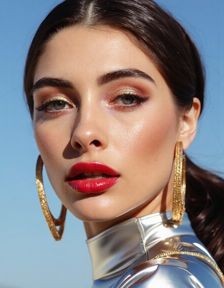 A hyper-detailed, avant-garde photograph featuring a striking woman with pale light skin against a clear, light blue sky. Her full-face close-up highlights the smooth texture of her flawless complexion. Shimmering metallic eyeshadow enhances the depth of her piercing gaze, while her glossy, deep red lips create a bold contrast to her skin. Large, intricately detailed golden hoop earrings reflect light, contributing to her modern allure. She wears metallic urban Buddhist monk clothing, with a turtle neck that enhances her avant-garde look. The reflective surfaces of her earrings and outfit create a dynamic interplay with the environment, emphasizing her sleek presence. The minimalist background allows the viewer to focus on her eye-catching fashion and makeup. Captured with a Sony A7R IV camera and a 50mm f/1.2 G Master lens for a beauty editorial shoot, this composition highlights her fashion-forward aesthetic. Inspired by avant-garde fashion photography from Sølve Sundsbø, this image blends contemporary fashion and minimalist elegance, embodying mythp0rt and niji_flux styles for a sleek, high-fashion vision. ((glow_skin, iridescent skin, oily skin, portrait)).