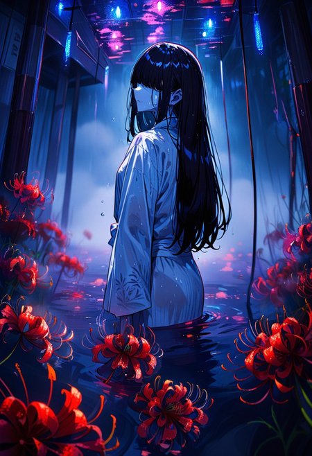 masterpiece, best quality, very aesthetic, absurdres, 1girl,( front view:1.2), retro color, dark hair,( straight long hair:1.2), eyeless, ( bangs over eyes:1.2), medium-small breast,( white yukata:1.2), in pool, ( thick fog:1.2), wet skin,( indoor night pool:1.2), 1 red ancient dilapidated torii gate in the water, red spider lily, blue glow light, pool with underwater-lights, psychedelic beautiful detailed, horror \(theme\), cityscape of skyscrapers,