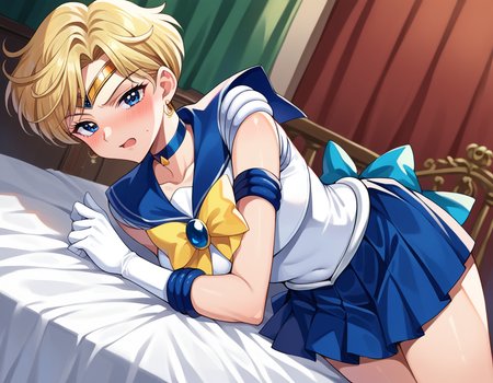 score_9, score_8_up, score_7_up, source_anime,
sailoruranus, <lora:sailor-uranus-ponyxl-lora-nochekaiser:1>
sailor uranus, blonde hair, blue eyes, parted bangs, short hair, very short hair,
back bow, blue bow, blue choker, blue gemstone, blue sailor collar, blue skirt, bow, bowtie, choker, circlet, earrings, elbow gloves, gem, gloves, jewelry, miniskirt, pleated skirt, sailor collar, shirt, short sleeves, skirt, white gloves, white shirt, yellow bow, yellow bowtie,
indoors, bed, bed room, on side, blush, drunk,
looking at viewer, cowboy shot, dutch angle,