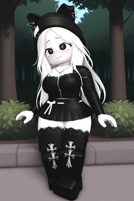 masterpiece,best quality,amazing quality, BREAK, TheBrayanVTOCILXL, white skin, colored skin, black eyes, heart-shaped pupils, white hair, long hair, parted bangs, black beanie, animal ears, black ears, ears through headwear, ear piercing, large breasts, necklace, black shirts, long sleeves, white ribbon, black skirt, black thighhighs, black shoes, solo, full body, standing, seductive smile, looking at viewer, naughty face, nose blush, forest, tree  <lora:TheBrayanVTOCILXL:1>
