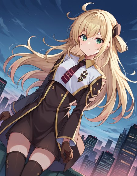 score_9, score_8_up, score_7_up, source_anime,
skystrikeraceraye, <lora:sky-striker-ace-raye-ponyxl-lora-nochekaiser:1>,
sky striker ace raye, blonde hair, green eyes, long hair, one side up,
black thighhighs, collared dress, dress, gloves, long sleeves, short dress, thighhighs, zettai ryouiki,
outdoors, cityscape,
looking at viewer, cowboy shot, dutch angle,
