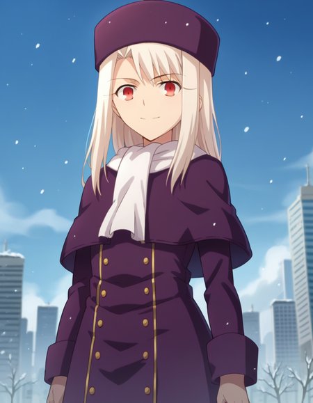 score_9, score_8_up, score_7_up, source_anime, 
illyasvielvoneinzbern, <lora:illyasviel-von-einzbern-ponyxl-lora-nochekaiser:1>, 
illyasviel von einzbern, long hair, red eyes, white hair, smile,
hat, boots, scarf, coat, capelet, white scarf, purple headwear, fur hat, papakha,
outdoors, cityscape, snowing,
looking at viewer, cowboy shot, dutch angle, dynamic pose,