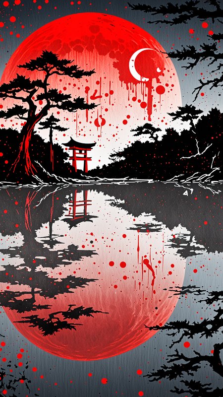 Splat paint effect, red moon, Lake, japanese writing, ripples, sky, trees, reflection, <lora:Paint_Effects_SDXL_-_By_DICE:1>, Splat Paint Effect