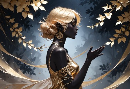 zPDXL3, ((score_9, score_8_up, score_7_up)), masterpiece, detailed, perfect face, perfect anatomy, 1boy, Cyrus the great, elven ears, slim body, black skin, golden dress, reaching, flower tree, silhouette_with_gold_foil, abstract, metallic shine, from side, dark background,