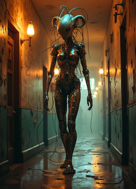 A vintage aesthetic, futuristic alien shape-shifter with gears and wires, commuting in a very crowded run-down asylum during dusk. A stunning photo.
