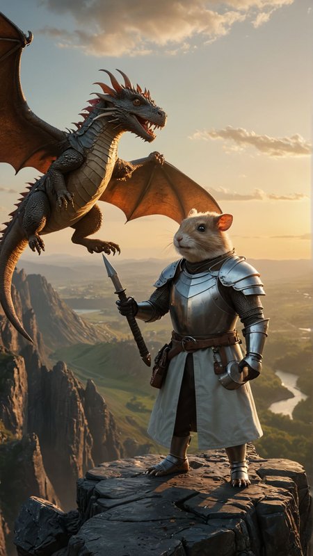 A medieval knight in shining armor, holding a sword aloft, standing on a cliff overlooking a vast kingdom at dawn, with a dragon flying in the background A mad scientist hamster in a tiny lab coat, conducting bizarre experiments with miniature beakers and test tubes in a secret lab hidden inside a hamster wheel
Ultra realistic, professional photo, uhd, 8k
<lora:add-detail-xl:1>
<lora:CinematicStyle_v1:0.7>
OverallDetailXL