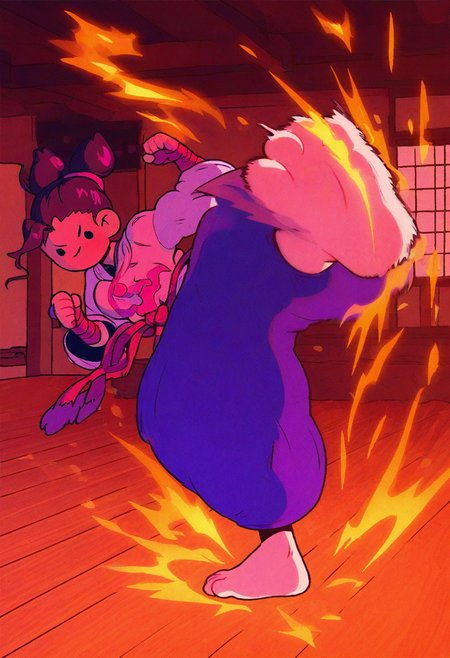 x3t4, masterpiece, cartoon,   best quality, detailed,  solo,   juri-han \(street_fighter\), dojo, kicking viewer, soles of feet, 