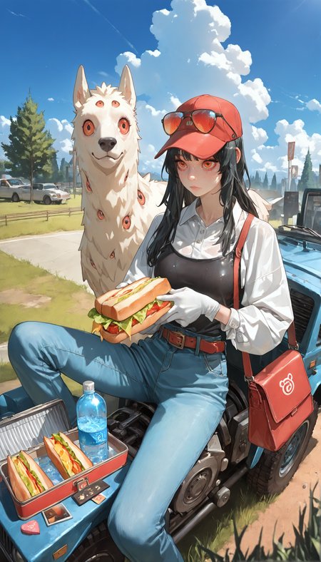 (Highly detailed, fine fabric detail, high-resolution, detailed texture, absurdres, highly-detailed, best quality, vibrant, colorful, masterpiece, very aesthetic, stunning, depth of field, soft luminescent glow, gentle smile, realistic, photorealistic, very aesthetic, best quality, absurdres, masterpiece, best quality, amazing quality, newest, scenery, depth of field, 3D illustration, masterpiece, best quality, semi-realistic, amazing quality, very aesthetic, absurdres, newest, scenery, volumetric lighting, HDR, chiaroscuro, vignetting)
((so0no2k_illu, painterly style, digital art,painting \(medium\),  3ldritchW0rld, watercolor_effect, 1girl, pants, long hair, outdoors, hat, grass, sitting, dog, dilapidated, junkyard, sign, cloud, bottle of water, sky, tree, jewelry, solo, shirt, black hair, belt, bag, day, blue sky, blue pants, jeans, denim, holding sandwich wrapped in foil, baseball cap, red eyes, tank top, (alpaca:1, oversized animal:1), red lunchbox<lora:3ldritchW0rld Pony Style:1.6>))
 abby \(za1f0n\), 1girl, black hair, breasts, collared shirt, colored sclera, eldritch abomination, extra eyes, eyewear on head, gloves, hand on another's shoulder, hood, long sleeves, medium breasts, meme, monster girl, red-tinted eyewear, red eyes, red sclera, shirt, simple background, skirt, suit, sunglasses, tinted eyewear, too many eyes, valentine, white gloves