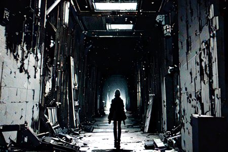 highly insanely detailed, masterpiece, top quality, best quality, highres, 4k, 8k, RAW photo, (very aesthetic, beautiful and aesthetic),  
tsutomu nihei,nihei_tsutomu,blame!,blame gakuen!,abara,TNstyle,sidonia_no_kishi,(mausoleum,tower,hangar,deep horizon,tunnel,space,spacecraft,stairs,giant room),decrepit,vast scenery,perspective,flock,dystopia,destroyed,blm,cyberpunk,empty,dark background,science fiction,futuristic,no human, 
<lora:blamev2:0.8>, 
(1girl:1.3), 
solo focus, 
underground facility,âââ
