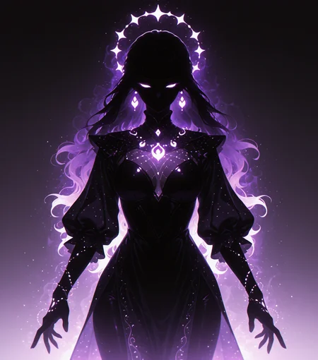 <lora:Shadows_v2_Buns:0.65> sh4d0w, purple aura, glowing, solo, Enchantress, wearing Elegant, magical attire, using wands, amulets, masterpiece, best quality, amazing quality