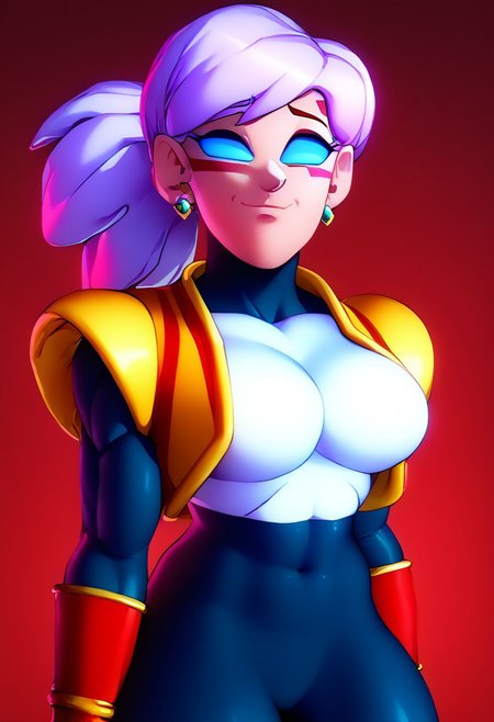 score_9, score_8_up, score_8, -1woman,solo, Mature woman, pants on, markings on face, red markings , fully clothed, eyes all blue, solid blue eyes 4k, High Quality, yellow vest, white top, gray hair female, blue eyes, no inner eye, no pupils, nothing in eyes, blank eyes, tight black bodysuit pants, red eyebrows, red under mouth, blue sclera, no iris , big breasts,  big chest, big shoulders, big arms, big legs, big thighs, female wearing a black lycra, vegeta sufurujin jacket, tight-fitting black lycra, sufurujin vegeta outfit, red marking on chin, red marking below mouth,no whites in female's eye, no inner eye on female, one solid eye color, evil smile, evil expression,  
-
Davidsm , tied pigtail,
-
, style of akira toriyama, earrings,standing, jewelry,