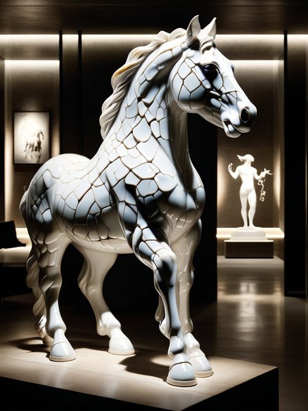a statue of a horse, indoors, artificial lighting, dark ambience <lora:ral-porcelain-sdxl:1> ral-porcelain