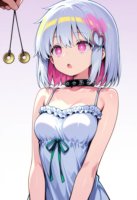 masterpiece, best quality amazing quality, bright eyes, very aesthetic, absurdres, girl, score_9, score_8, score_7, high res image, cute girl, ultra detailed eyes, clear skin, shiny hair, mind control, hypnosis, glowing eyes, upper body, short height, blank eyes, blank stare, empty eyes, ringed eyes, expression, gradient eyes, bright eyes, upper body, big eyes, open mouth, brainwashed, solo, 1girl, 
<lora:PornoIllus:1> dohnaporno, white pupils, medium breasts,, sundress, spiked collar, frills, sleeveless dress, frilled dress, bare shoulders, white dress, ribbon,
drooling,