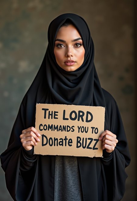 raw photo, realistic, photography, masterpiece, best quality, beautiful woman, gorgeous super model, sexy ,  wearing a hijab, large breasts, cleavage, holding a sign "the lord commands you to donate BUZZ"