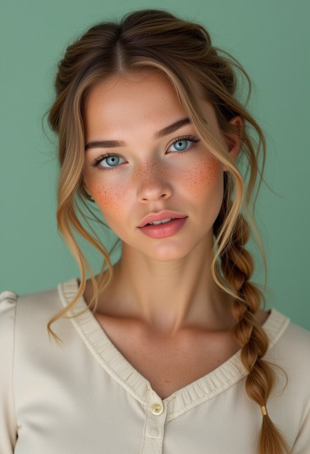 She is approximately 18 years old. Hyperrealism, she is looking at the camera, (dynamic angles), headshots of a beautiful, stunning unique female character.  she has braid hair. her eyes are blue and filled with joy and excitement, extravagant eyelashes, she has freckles. a photo of Anastasia, she is wearing a white frilly shirt. The woman is posing confidently. simple sage green colored background. She has a slight smile on her face and is looking directly at the camera. making this image a masterpiece of photography and digital art. realistic. making this image a masterpiece of photography and digital art. Style: realistic hyper-detailed rendering, 32k UHD, expressive eyes, punk, graphic design, girl's face, pretty and cute, gleaming lips, telling a tale of adventure. Exuding confidence and serenity. The overall mood of the image is happy and relaxed,detailed skin texture,(blush:0.2),(goosebumps:0.3),subsurface scattering,whimsical,Detailed hand, Perfect hand. Perfection style.