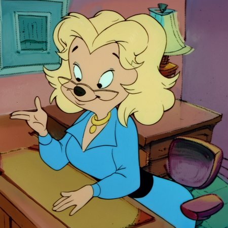 score_9, score_8_up, score_7_up, score_6_up, score_5_up, score_4_up, BREAK,  <lora:Miss_Pennypacker:1>, misspennypacker, 1girl, solo, smile, long sleeves, dress, indoors, desk, retro artstyle, black eyes, lamp, furry female, furry, animal nose, glasses, blonde hair, blue dress, necklace, jewelry, short hair