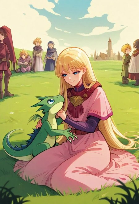 <lora:SkyDollXLV37:0.25>, <lora:alessandrobarbucci:0.15>,
young female, blue eyes, blonde hair, long hair, smile, sitting on ground, half-closed eyes, looking at another, pink dress,
green baby dragon, yellow eyes, sitting, looking at another, 
field, high grass, outdoors,
solo focus,
fantasy, medieval,
, 5_fingers, <lora:AlessandroBarbucci:0.6>
