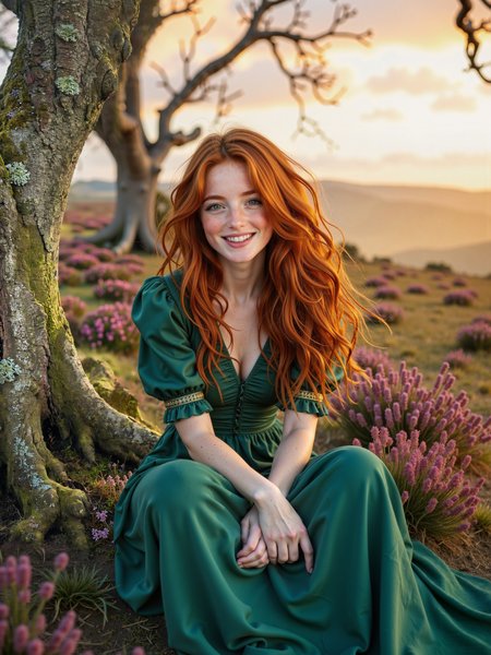 a cinematic and hyper-detailed and hyper-realistic portrait photograph captured in the rugged beauty of the scottish moor, a gorgeous young woman with wild, fiery red hair sits gracefully under a large, gnarled, ancient tree, leaning against the rough bark, her vibrant locks catching the golden hour light and flowing freely around her shoulders, her piercing green eyes sparkle with life and joy as she smiles warmly, her expression radiates youthful energy. the background showcases the expansive moorland, blanketed in blooming purple heather, dramatic clouds swirl across the sky, painted in rich hues of gold, pink, and lavender, crepuscular rays pierce through the clouds, the ancient treeâs twisted branches frame the composition, their rugged texture contrasting with her soft, youthful features. the girl's outfit is a flowing, deep emerald green dress with subtle embroidery, its color standing out beautifully against the earthy tones of the moor, complementing the fiery tones of her hair while drawing the viewer's attention, her elegant dress adds a sense of sophistication and contrast to the rugged natural setting. the lighting is warm and diffused, with the golden hour sunlight creating a soft, natural rim light around her figure and a gentle glow across the landscape, the clouds in the sky reflect the golden and pink hues of the setting sun, while the crepuscular rays add an ethereal, almost magical quality to the atmosphere. hyper-realistic, every detail is meticulously captured, from the texture of the ancient tree bark to the vibrant purple of the heather blossoms and the individual strands of her wild, fiery hair, the rich color palette of warm golds, earthy greens, and soft pinks is enhanced by the bold emerald green of her dress, evoking a sense of freedom, wonder, and connection to nature. shot on a medium-format camera with an 85mm f/1.4 lens for sharp focus on the girl while subtly blurring the background, emphasizing the subject while retaining the grandeur of the moor and sky, fictionalsabrina, aidmafluxpro1.1, midjourney_whisper_avant_couture, 
<lora:sabrina-character-flux-by_meower2024:0.9> 
<lora:flux_pro1.1_detailer-v0.2-flux-by_aidma:0.24> 
<lora:midjourney_whisper_avant_couture-flux-by_aihonobono2023:0.24>