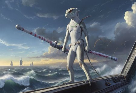 a (solo:1.5) black white (lizard:1.5) with (star wars armor:1.5)  sword on belt  (cockpit instruments view:1.5) inside star-wars style spaceship over (ocean:0.5) (waves:0.5), in the middle of sea, many meteors,
dawn, heavy rain, wind, windy, typhoon, hurricane, tropical storm, fog, mountain, sky, cloud, deluge, rainforest, 
(anime:1.5) , anime screencap in mnst artstyle, full body character portrait landscape